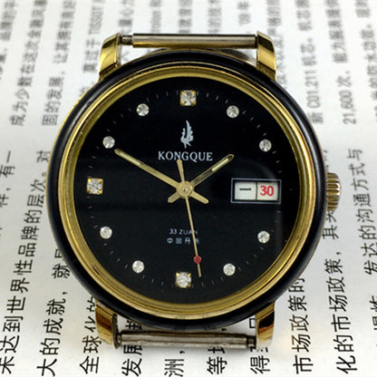 Kongque 37mm automatic watch with black dial, double calendar, and 33 jewels for precision timekeeping