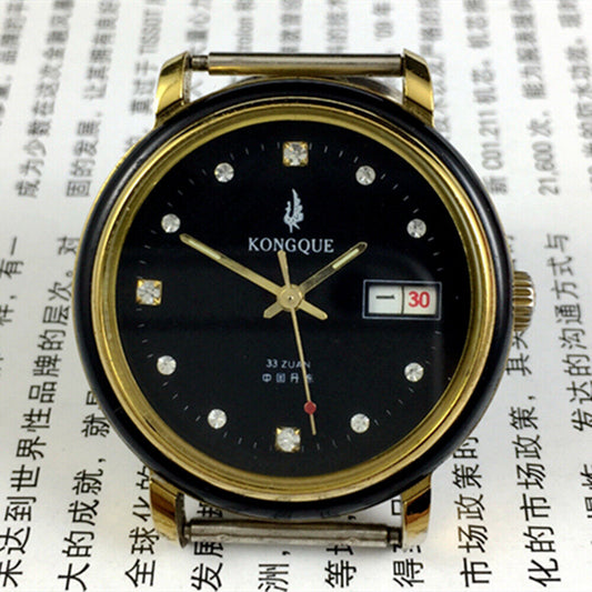Kongque 37mm automatic watch with black dial, double calendar, and 33 jewels for precision timekeeping