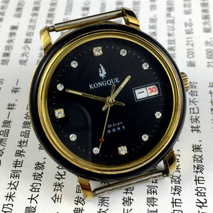 Kongque 37mm automatic watch with black dial, double calendar, and 33 jewels for precision timekeeping