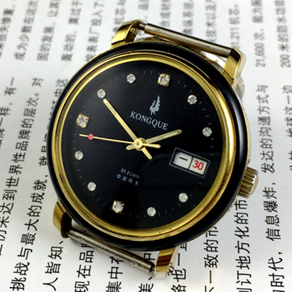 Kongque 37mm automatic watch with black dial, double calendar, and 33 jewels showcasing precise craftsmanship