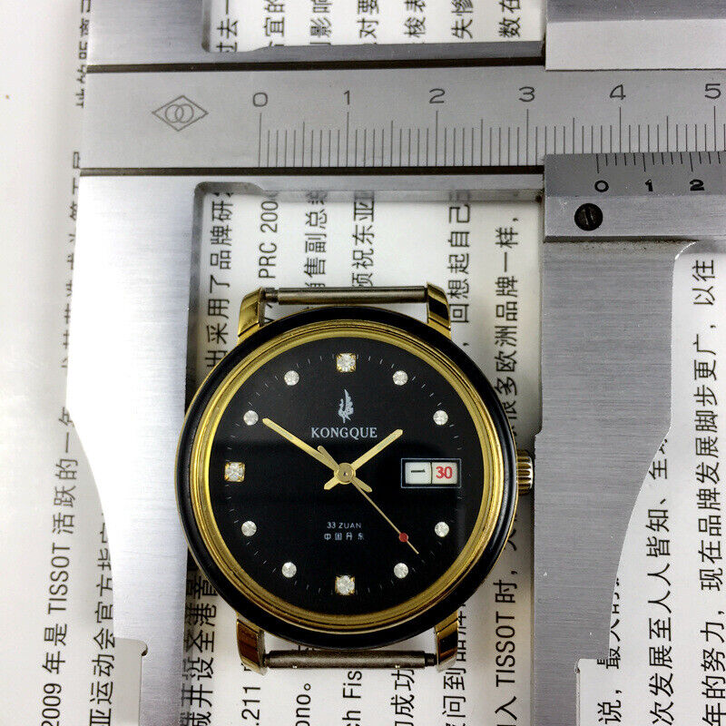 Kongque 37mm automatic watch with black dial, double calendar, and 33 jewels for precise timekeeping.