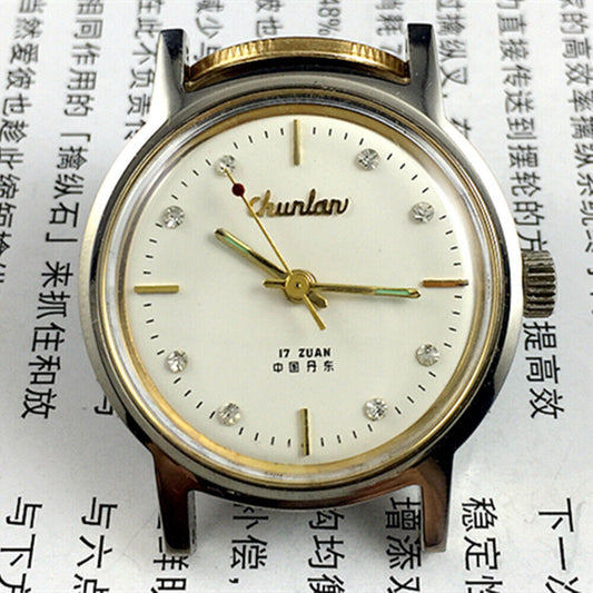 Chunlan 33mm manual mechanical watch with 17 jewels, white dial, and stainless steel band, classic style.