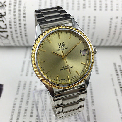 Shanghai Factory 36.5mm manual mechanical watch with 19 jewels, shock-resistant, classic design for daily wear.