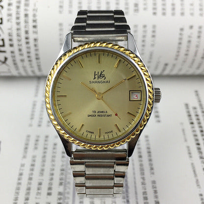 Shanghai Factory 36.5mm manual mechanical watch with 19 jewels, shock-resistant for lasting performance.