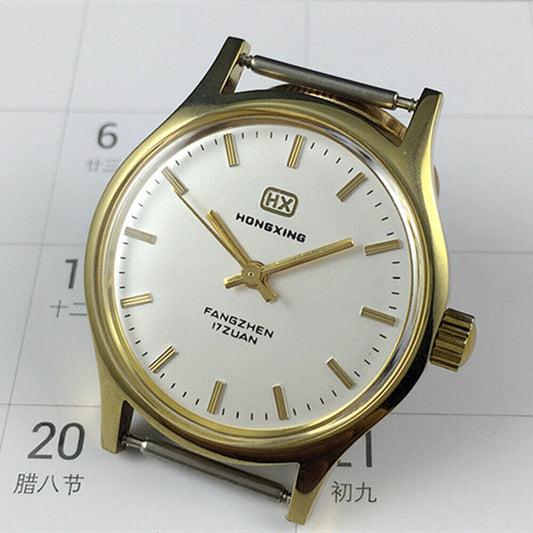 33mm Chinese Manual Mechanical Watch Golden Nail Silver Dial Round Golden Case