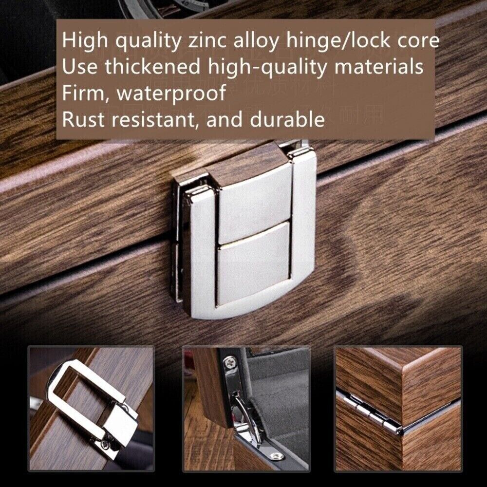 Walnut wood watch box organizer with 6 slots, ideal for elegant watch storage and display.