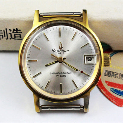 33mm Kongque steel manual watch with silver dial, 17 jewels, single calendar function, elegant design.