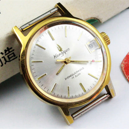 33mm Kongque steel manual watch with silver dial, 17 jewels, single calendar, elegant design for formal wear.