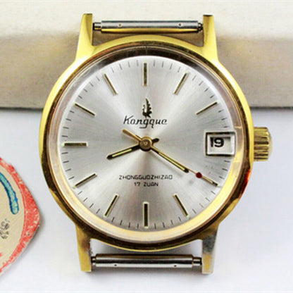 33mm Kongque steel manual watch with silver dial, 17 jewels, single calendar, stylish elegance.