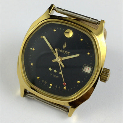 34mm Dandong Peacock manual watch with black dial, 17 jewels, single calendar, sleek mechanical design