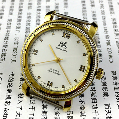 38mm Shanghai Factory manual mechanical watch with golden case, shock-resistant design for lasting durability.