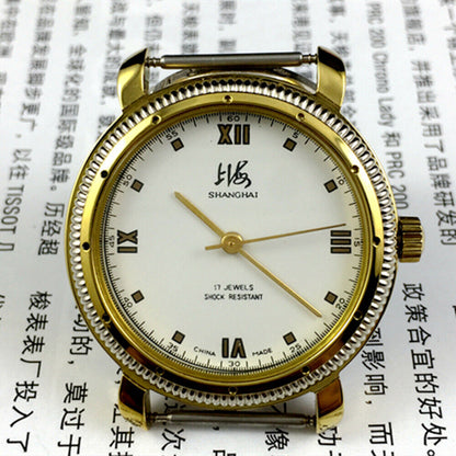 38mm Shanghai Factory manual mechanical watch with golden case, shock-resistant for durable, stylish timekeeping.