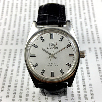 Shanghai Factory 38mm manual mechanical watch with white dial, 3 hands, 19 jewels for precise timekeeping and classic style