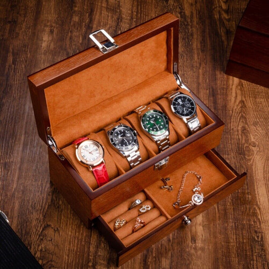 Double layer men's watch box organizer, stylish storage for watches and jewelry.