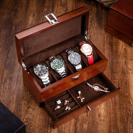 Double layer men's watch box organizer, stylish storage for watches and jewelry.