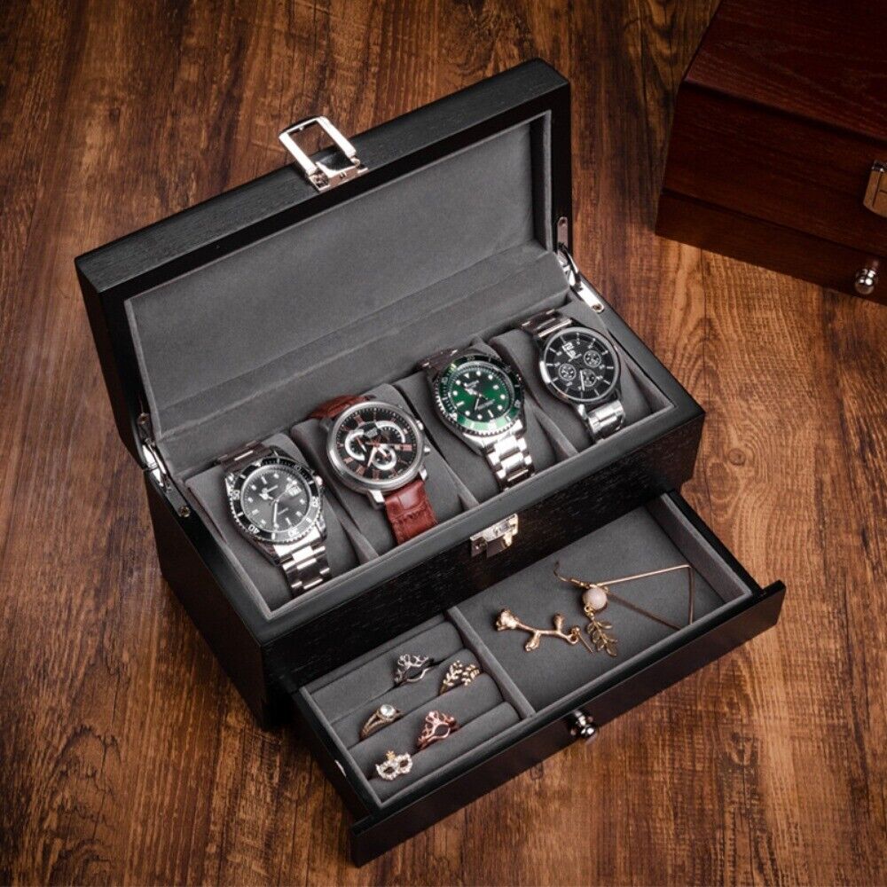 Double layer men's watch box organizer, elegant storage for multiple watches and jewelry.