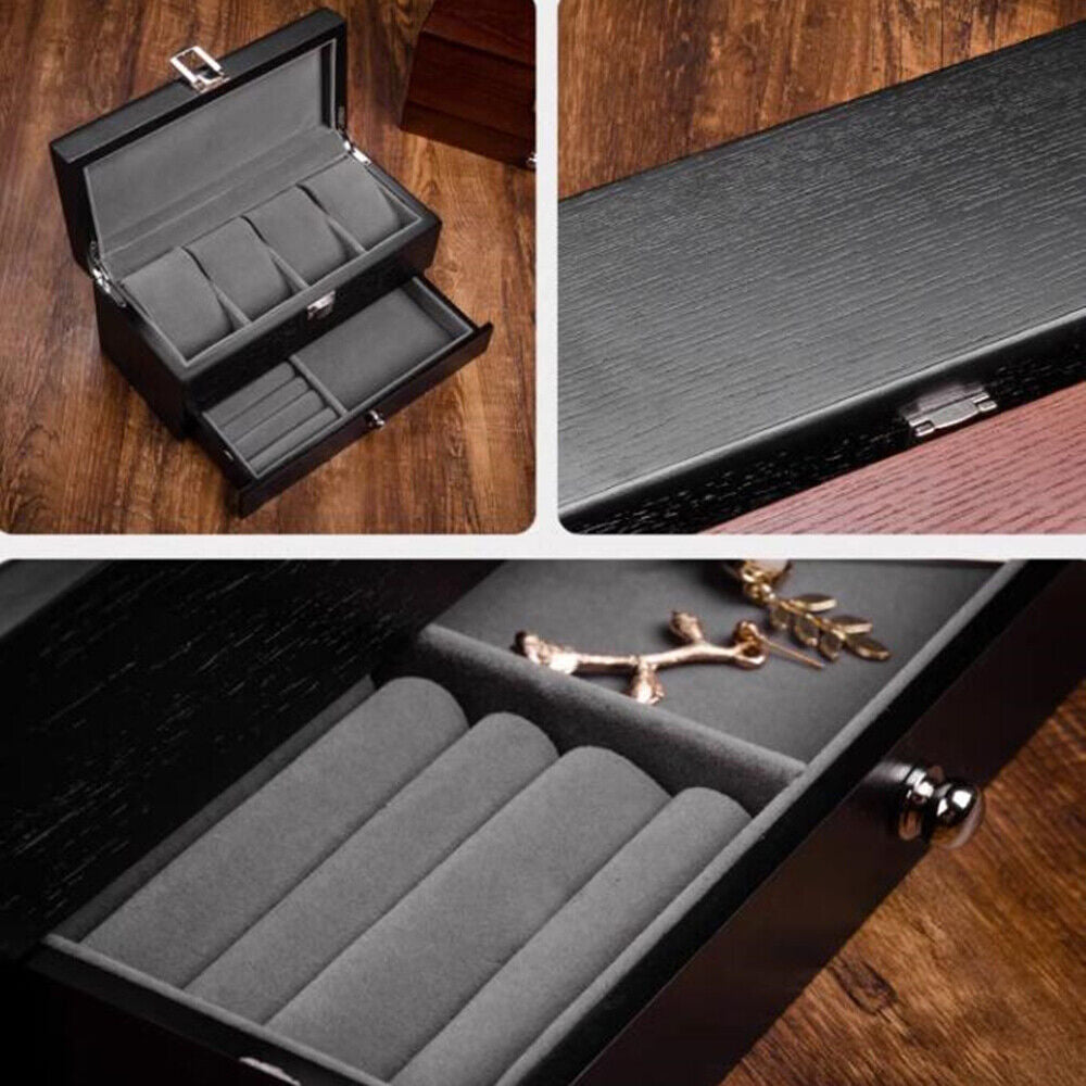 Double layer men's watch box organizer, elegant storage with compartments for watches and jewelry.
