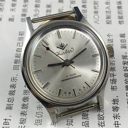 Chunlan 32mm manual mechanical watch with 17 jewels, silver dial, and silver nail markers.