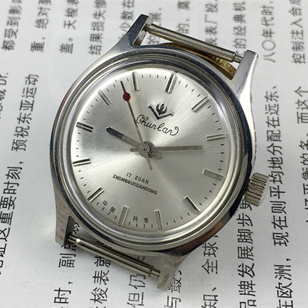 Chunlan 32mm manual mechanical watch with 17 jewels, silver dial, and silver nail markers for elegant timekeeping.