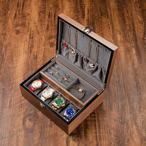 Walnut Wood Watch Box Organizer Case 4 Slots Double Layers Storage Box Display