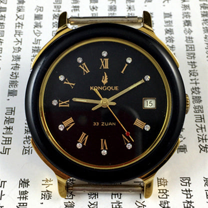 37mm automatic mechanical watch with black dial, golden Roman numerals, featuring 33 jewels for precision craftsmanship.