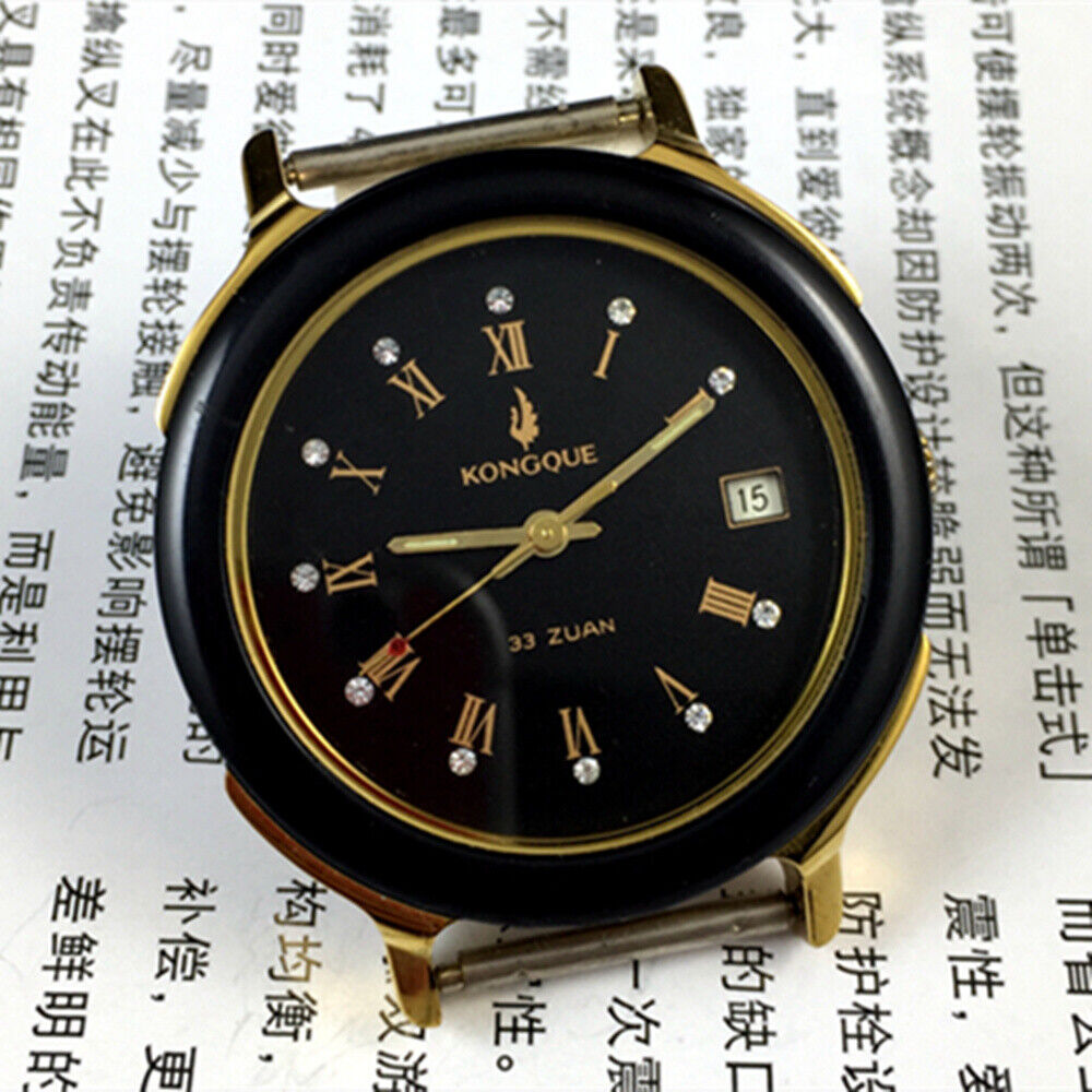 37mm automatic mechanical watch with black dial, golden Roman numerals, featuring 33 jewels for precision craftsmanship.