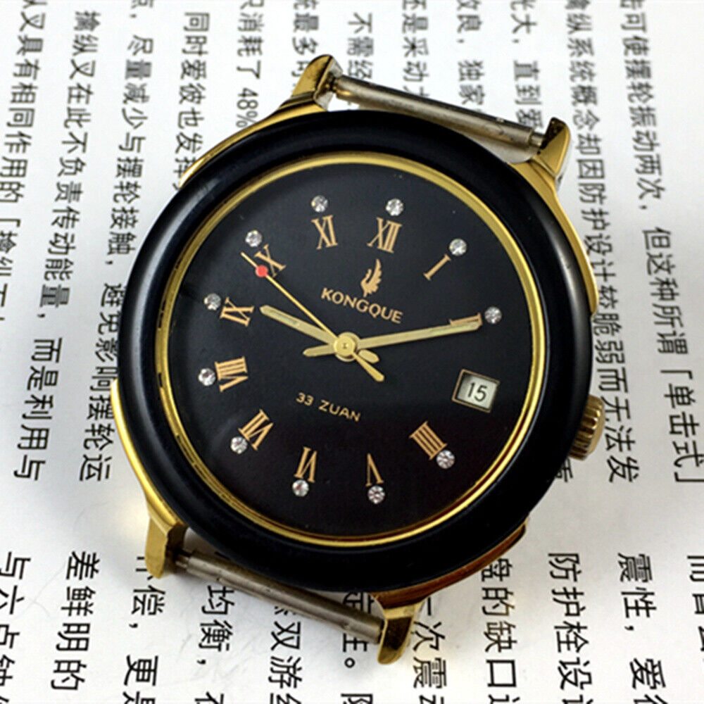 37mm automatic watch with black dial, golden Roman numerals, and 33-jewel mechanical movement.