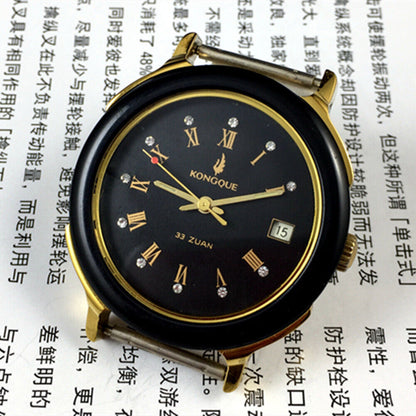 37mm automatic watch with black dial, golden Roman numerals, and 33-jewel mechanical movement.