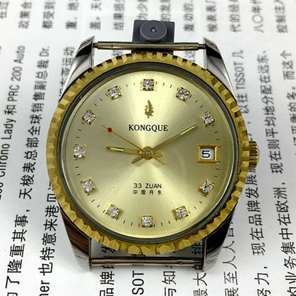 37mm Dandong Peacock watch with golden dial, manual mechanical movement, 33 jewels, single calendar display.