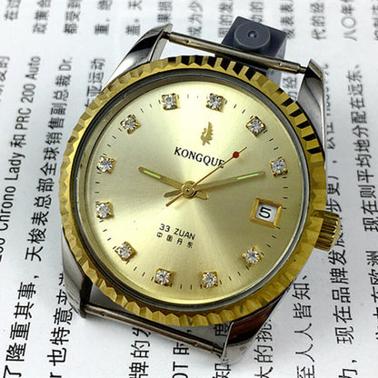 Dandong 37mm Peacock manual watch with golden dial, 33 jewels, and single calendar on wrist.