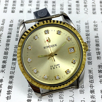 37mm Dandong Peacock watch with golden dial, manual movement, 33 jewels, single calendar display, luxury timepiece.