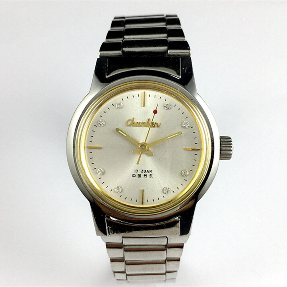 Chunlan 33mm manual mechanical watch with silver dial and steel band, 17 jewels, classic design.