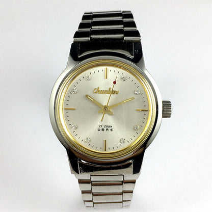 Chunlan 33mm manual mechanical watch with silver dial and steel band, 17 jewels, classic design.