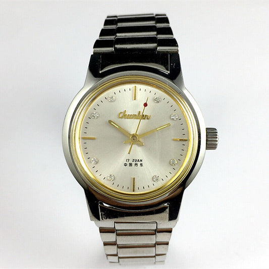 Chunlan 33mm manual mechanical watch with silver dial and steel band, 17 jewels, classic design.