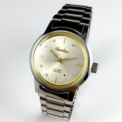 Chunlan 33mm manual mechanical watch, silver dial, steel band, 17 jewels, classic style for everyday wear.