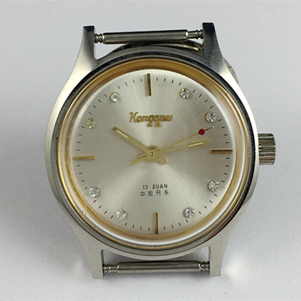 33mm Kongque steel manual watch with silver dial and 17 jewels, includes matching watch band.