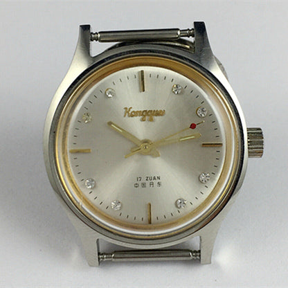 33mm Kongque steel manual watch with silver dial and 17 jewels, includes matching watch band.