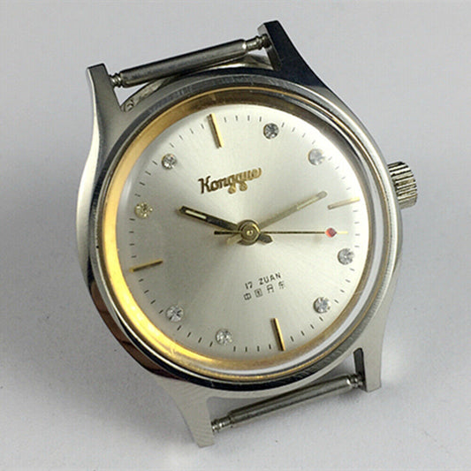 33mm Kongque steel manual watch with silver dial and 17 jewels, includes matching watch band.