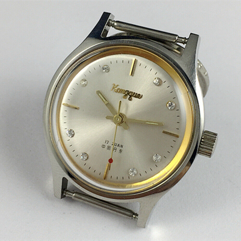 33mm Kongque steel manual watch with silver dial, 17 jewels, and matching stainless steel band.