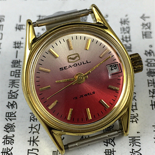 Montre mécanique manuelle Seagull pour femme, dégradé de rouge, clou doré, calendrier simple