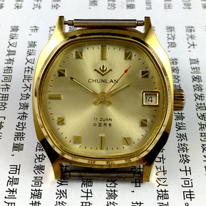 China Chunlan Steel manual mechanical watch with 17 jewels, silver dial, and single calendar display.