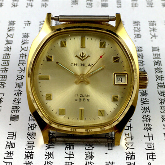 China Chunlan Steel manual mechanical watch with 17 jewels, silver dial, and single calendar display.
