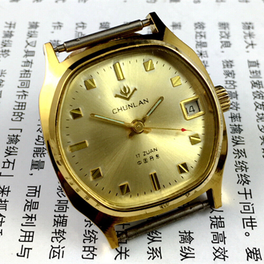 China Chunlan Steel manual mechanical watch with 17 jewels, silver dial, and single calendar display.