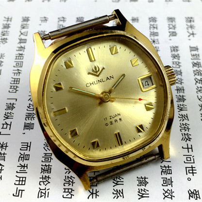 China Chunlan Steel manual mechanical watch with 17 jewels, silver dial, and single calendar display.