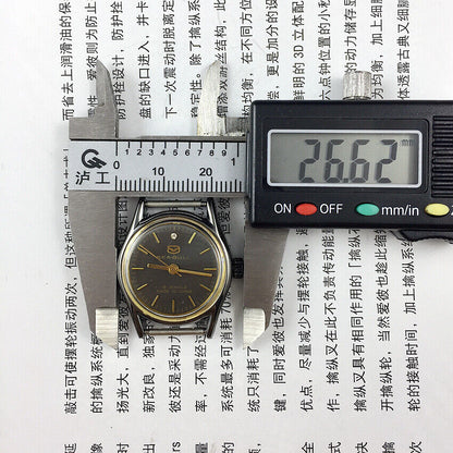 Seagull 26mm ladies watch with black case, gold nail markers, and manual mechanical movement for elegant style.