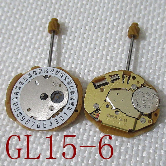 Miyota GL15 Japan quartz watch movement with 2 hands and date display at 3 and 6 o'clock positions.