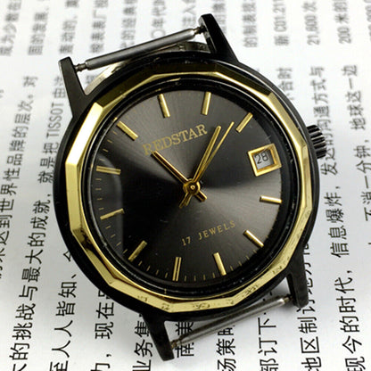China Made Manual Mechanical Watch 17 Jews Single Calendar Black Dial Black Case