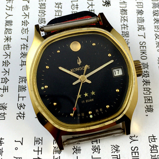 China Kongque Steel manual mechanical watch with 17 jewels, black dial, and gold case for elegant style