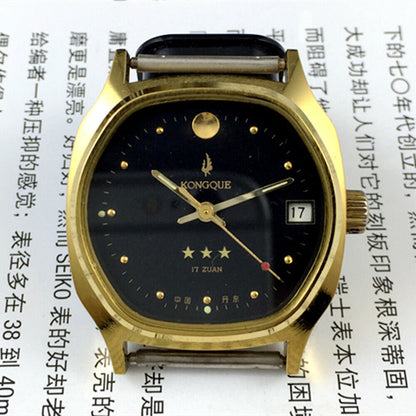 China Kongque Steel manual mechanical watch with 17 jewels, black dial, and gold case for elegant style