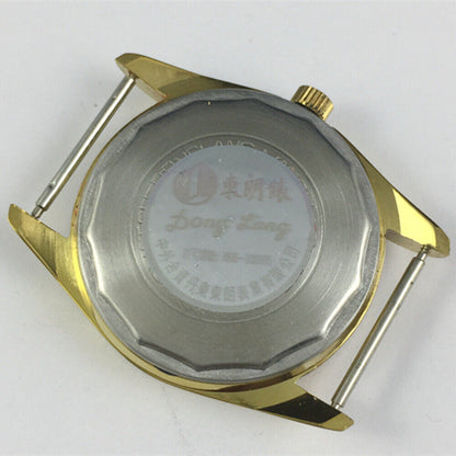 Donglang 36mm manual mechanical watch with golden dial, 17 jewels, single calendar, elegant design.